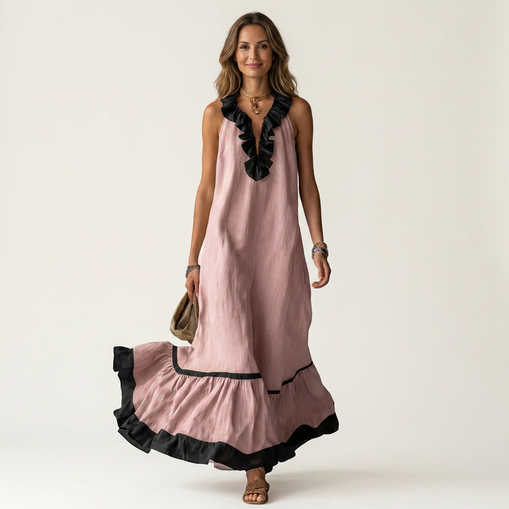 Ruffle V-Neck Sleeveless Contrast Ruffle Hem Maxi Dress