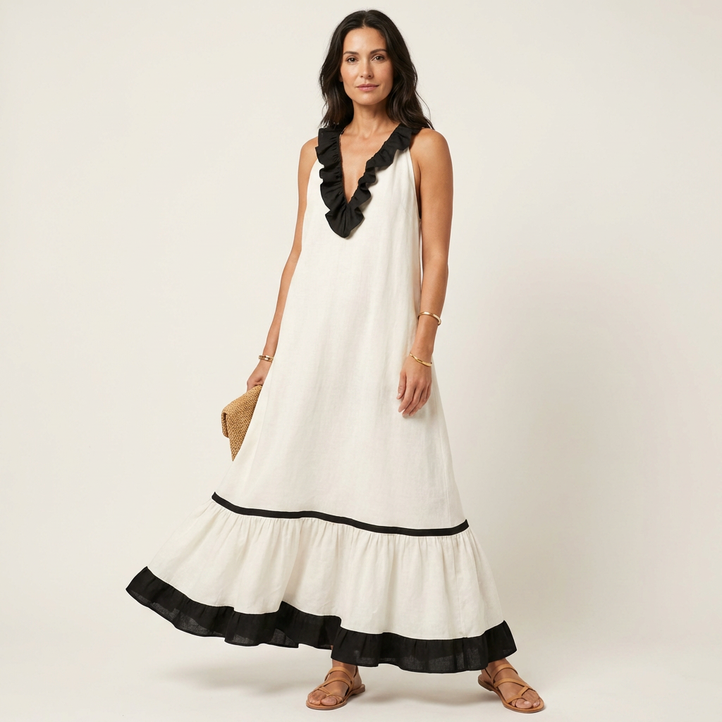 Ruffle V-Neck Sleeveless Contrast Ruffle Hem Maxi Dress