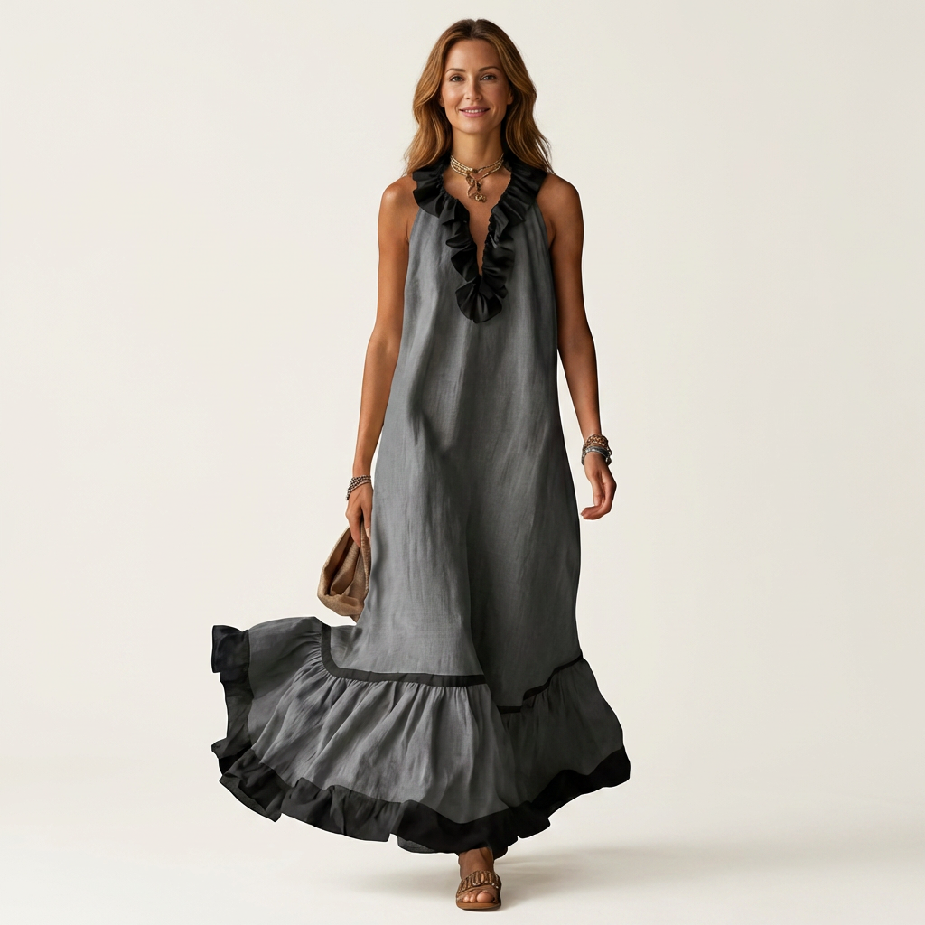 Ruffle V-Neck Sleeveless Contrast Ruffle Hem Maxi Dress