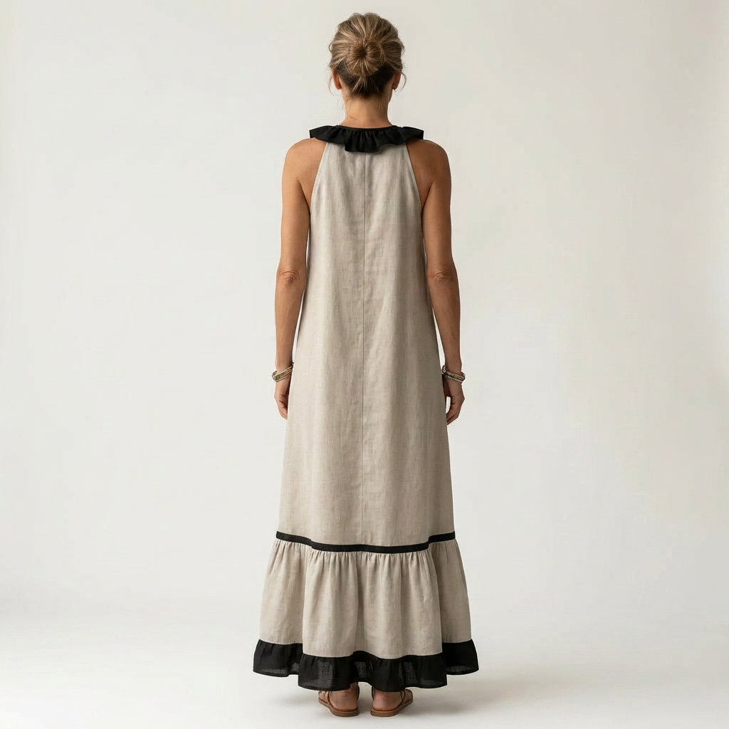 Ruffle V-Neck Sleeveless Contrast Ruffle Hem Maxi Dress