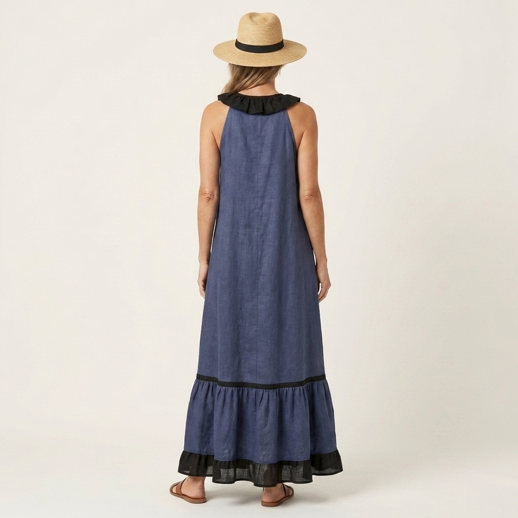 Ruffle V-Neck Sleeveless Contrast Ruffle Hem Maxi Dress