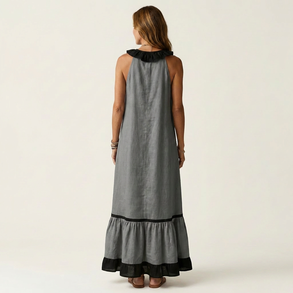 Ruffle V-Neck Sleeveless Contrast Ruffle Hem Maxi Dress