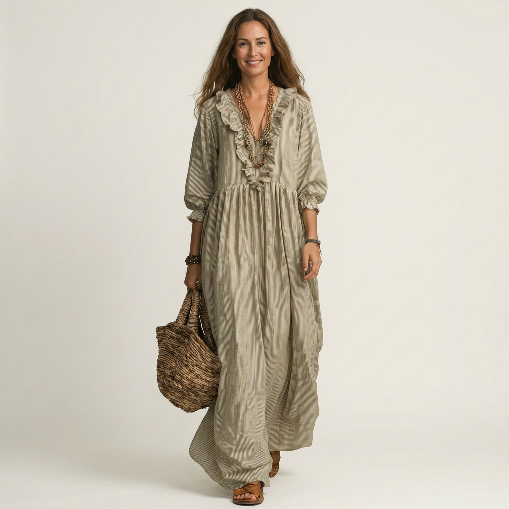 Ruffle Trim V-Neck Three Quarter Sleeve Loose Maxi Dress