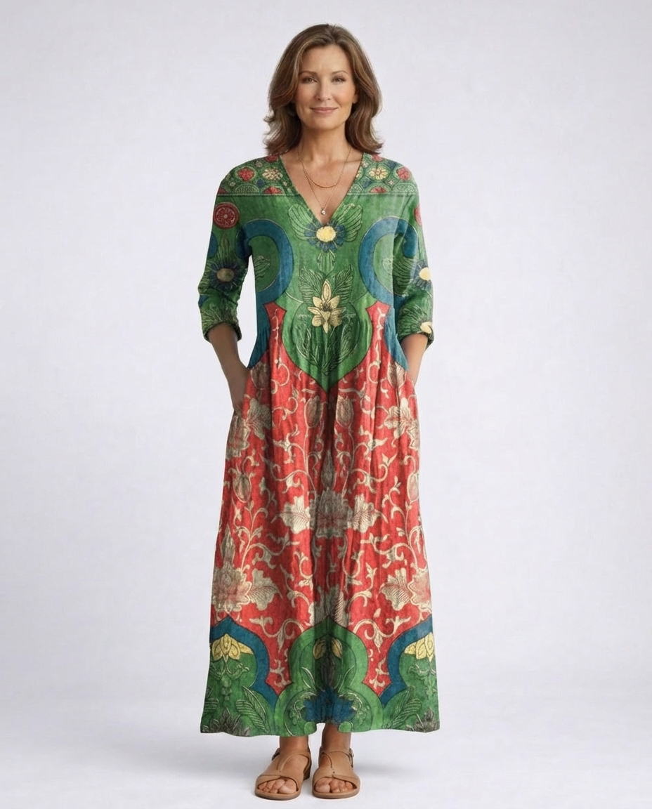 Floral Print V-Neck Three Quarter Sleeve Maxi Dress