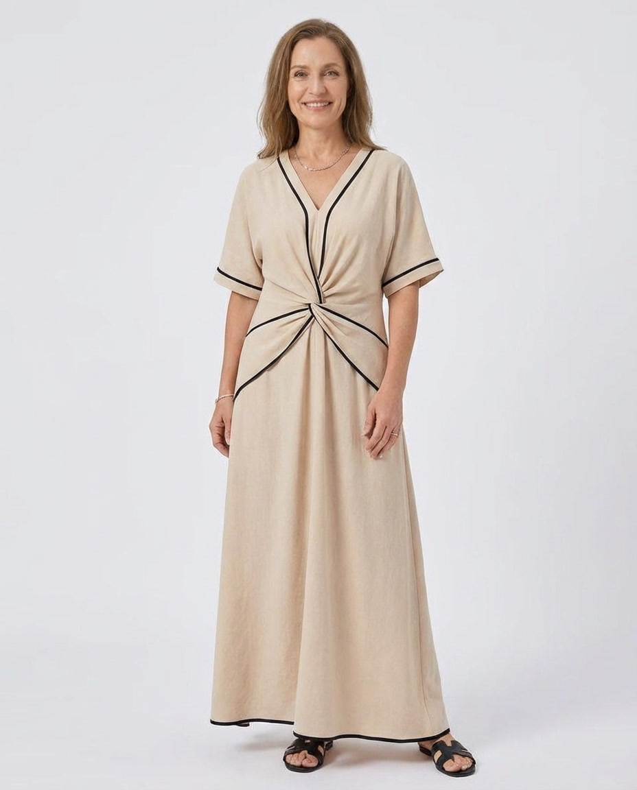 V-Neck Contrast Trim Twist Front Maxi Dress
