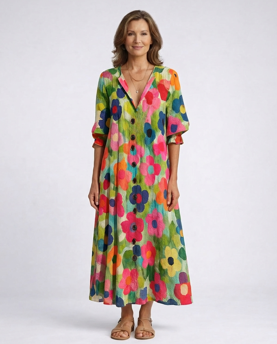 Floral Print V-Neck Button Front Puff Sleeve Maxi Dress
