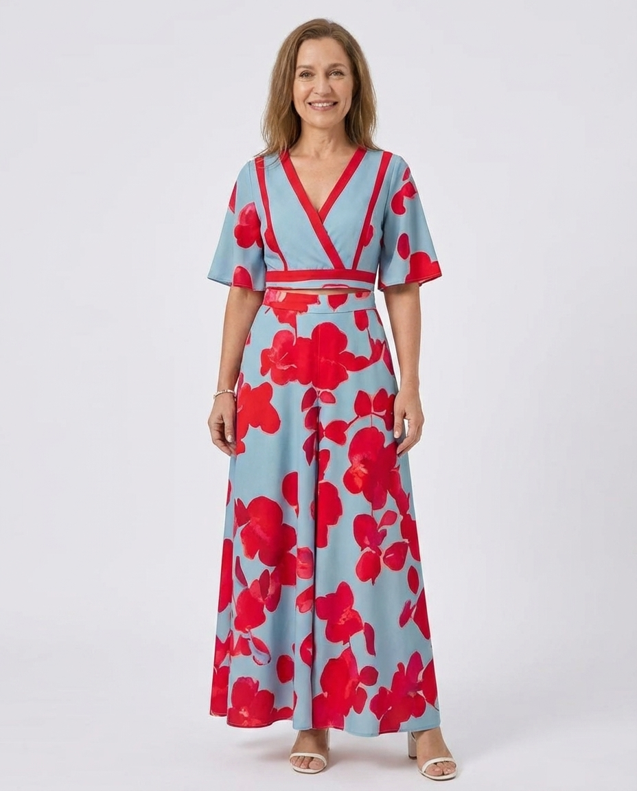 Floral Flutter Sleeve Wrap Top and Maxi Skirt Two Piece Set