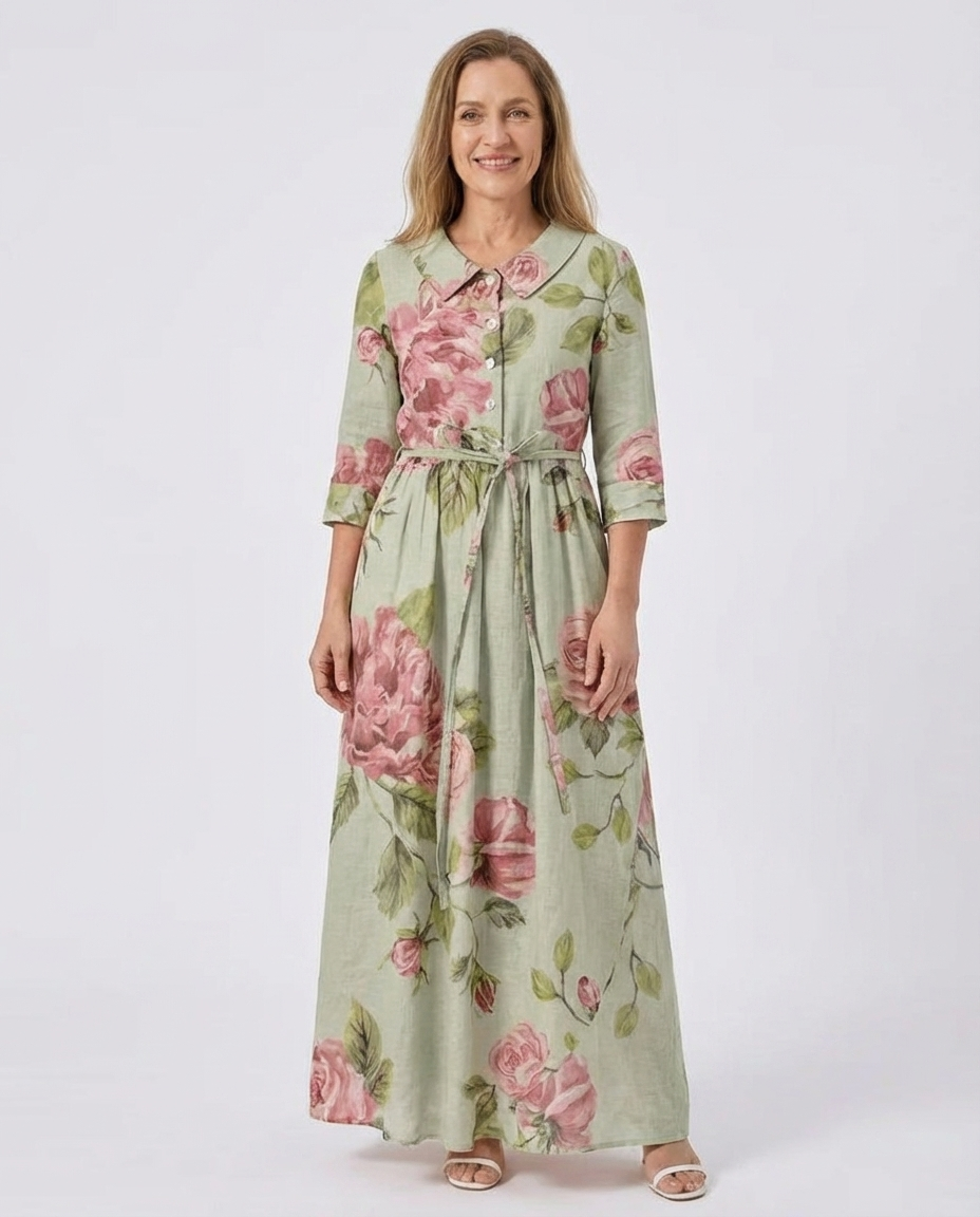 Rose Floral Print Collared Belted Maxi Shirt Dress