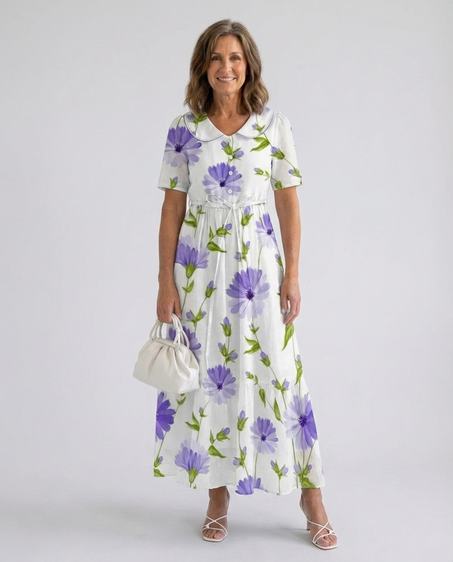 Floral Print Collared Short Sleeve Drawstring Waist Maxi Dress