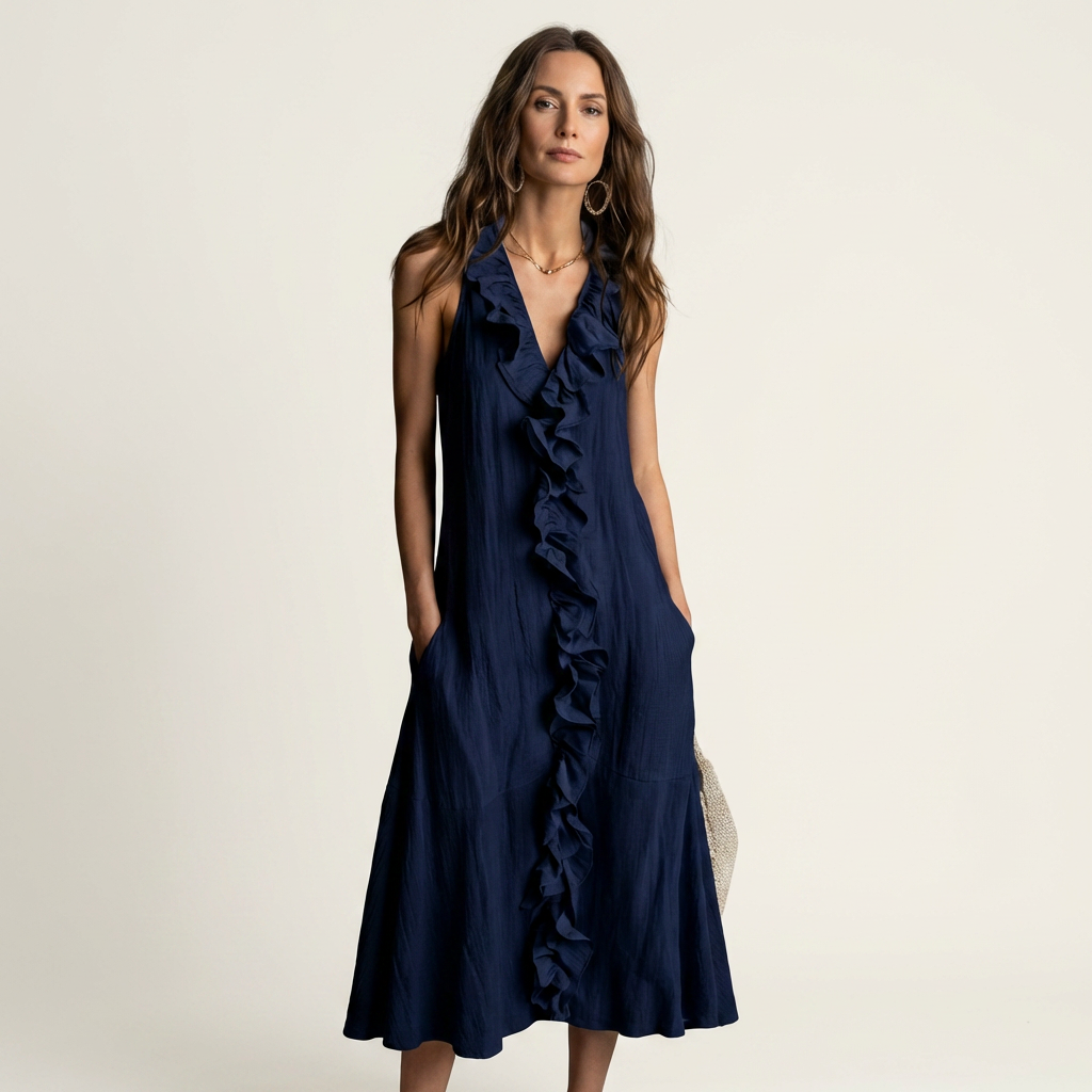 Ruffle Front V-Neck Sleeveless A-Line Maxi Dress