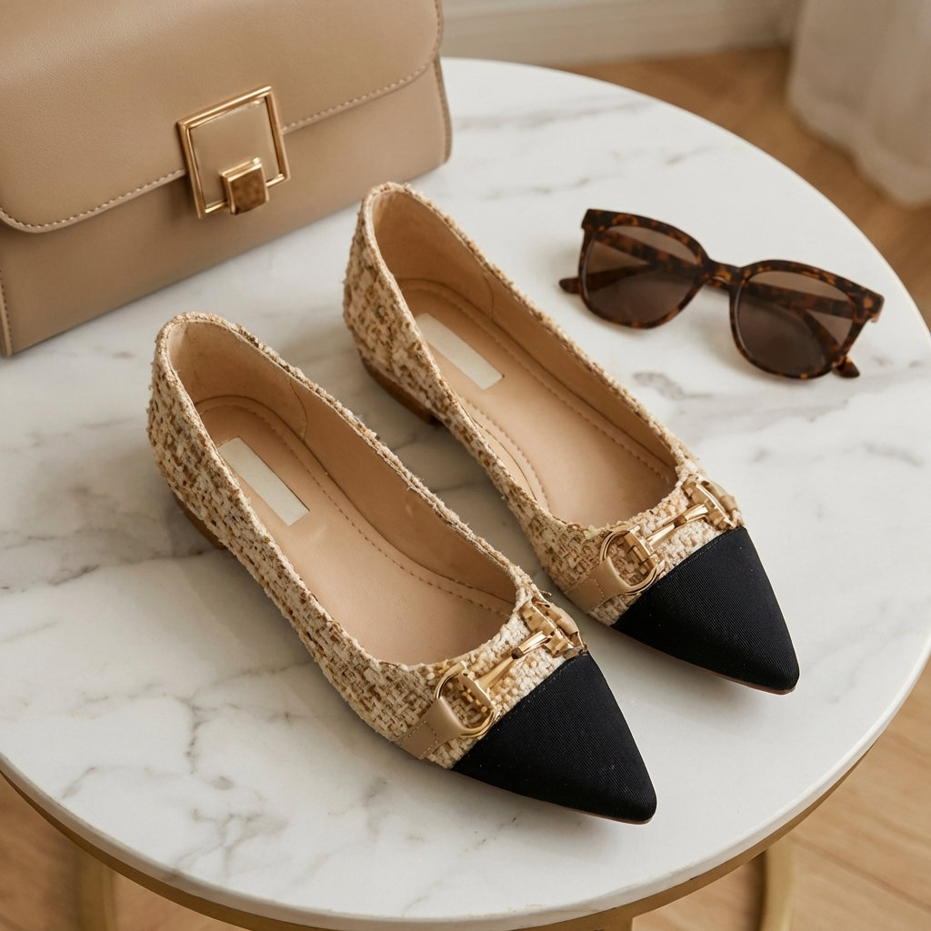 Pointed Cap Toe Metal Buckle Tweed Flats