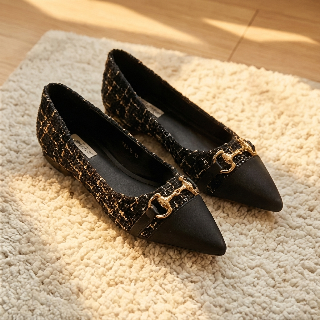 Pointed Toe Cap Toe Buckle Tweed Flats