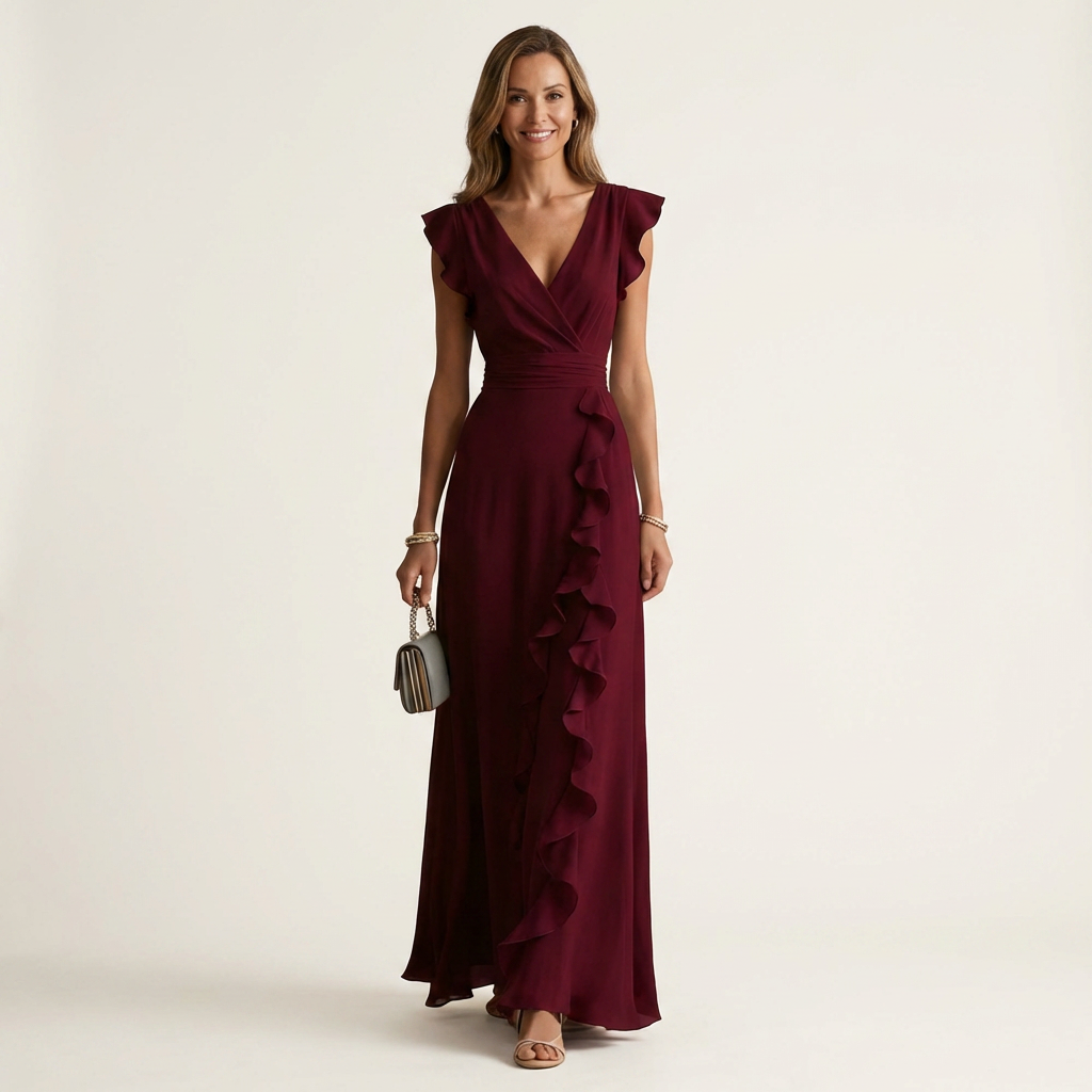 Wrap V-Neck Flutter Sleeve Cascading Ruffle Maxi Dress