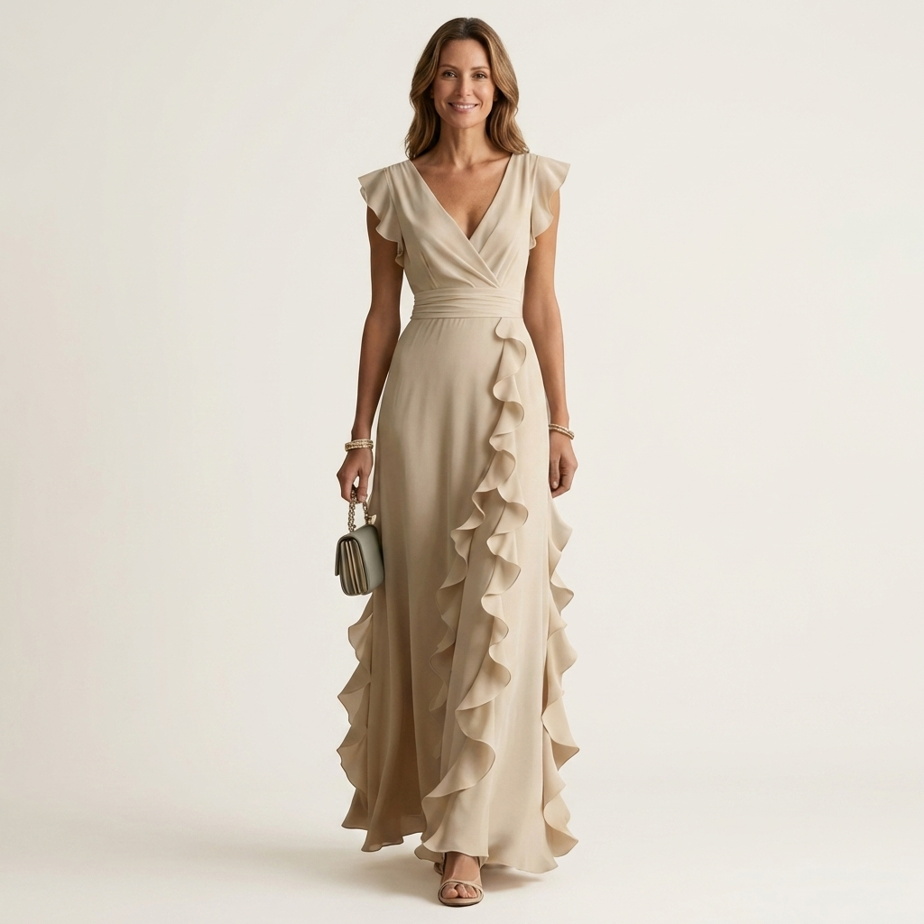 Wrap V-Neck Flutter Sleeve Cascading Ruffle Maxi Dress