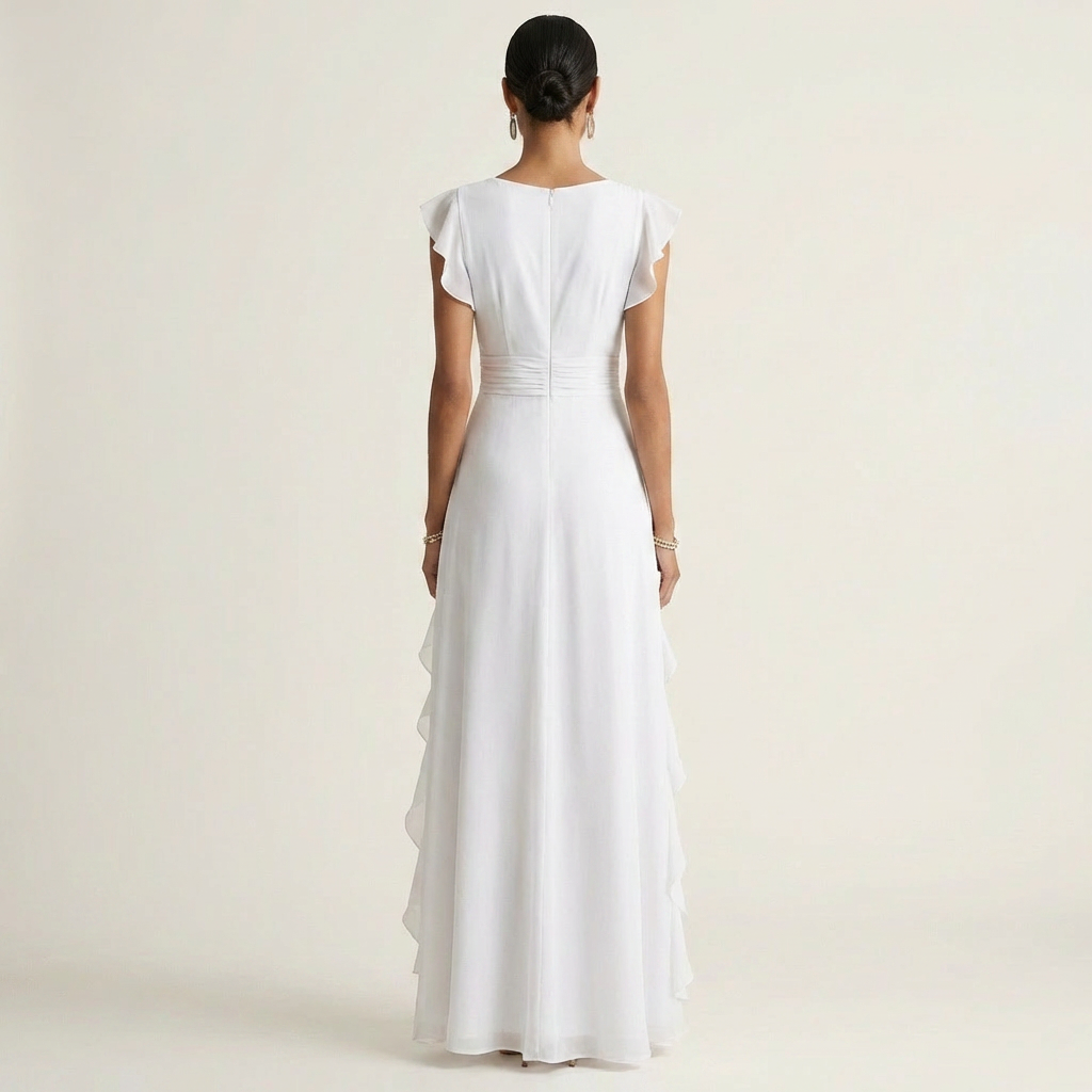 Wrap V-Neck Flutter Sleeve Cascading Ruffle Maxi Dress