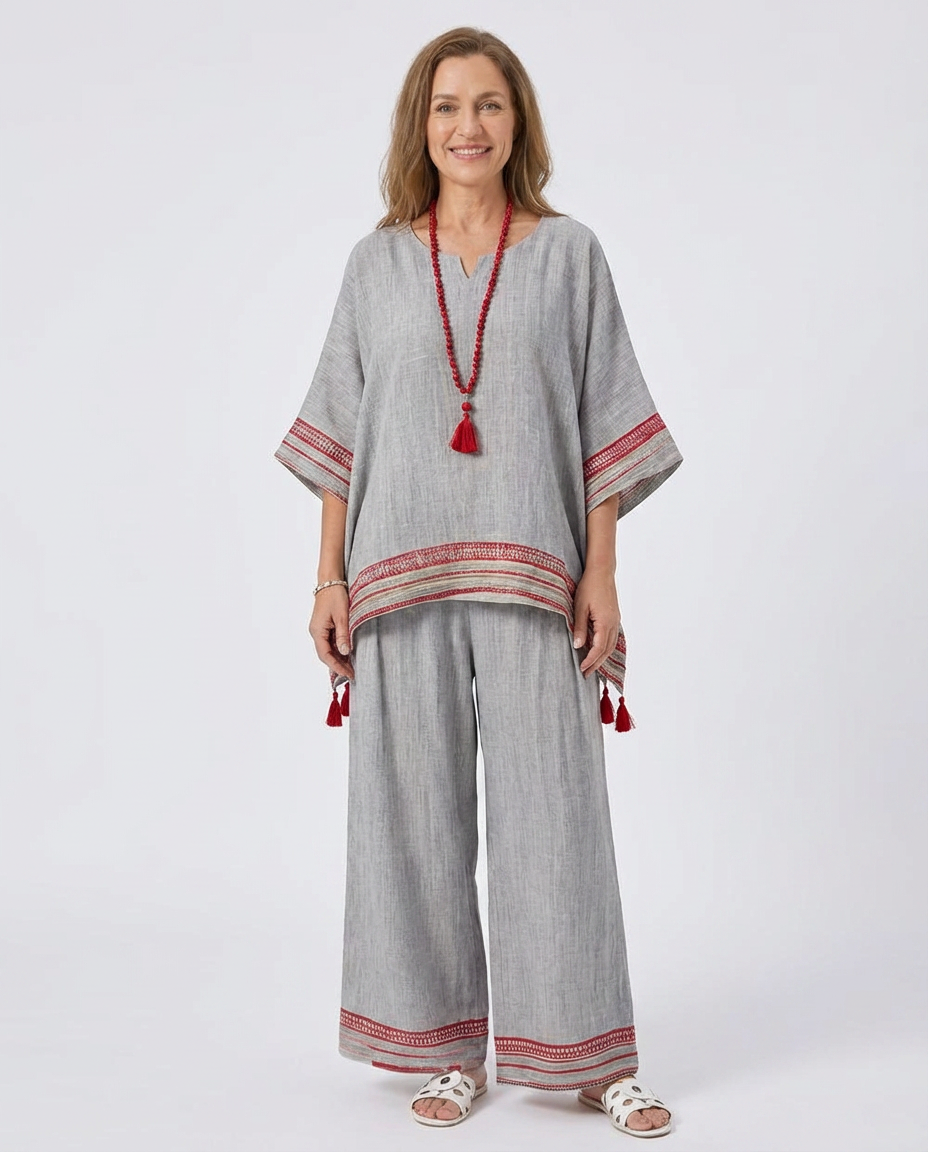 Contrast Trim Tunic Top and Wide Leg Pants Two Piece Set
