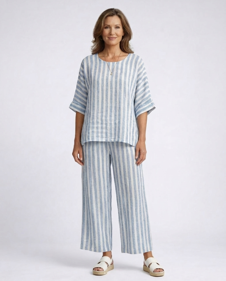 Striped Short Sleeve Top and Wide Leg Pants Two Piece Set