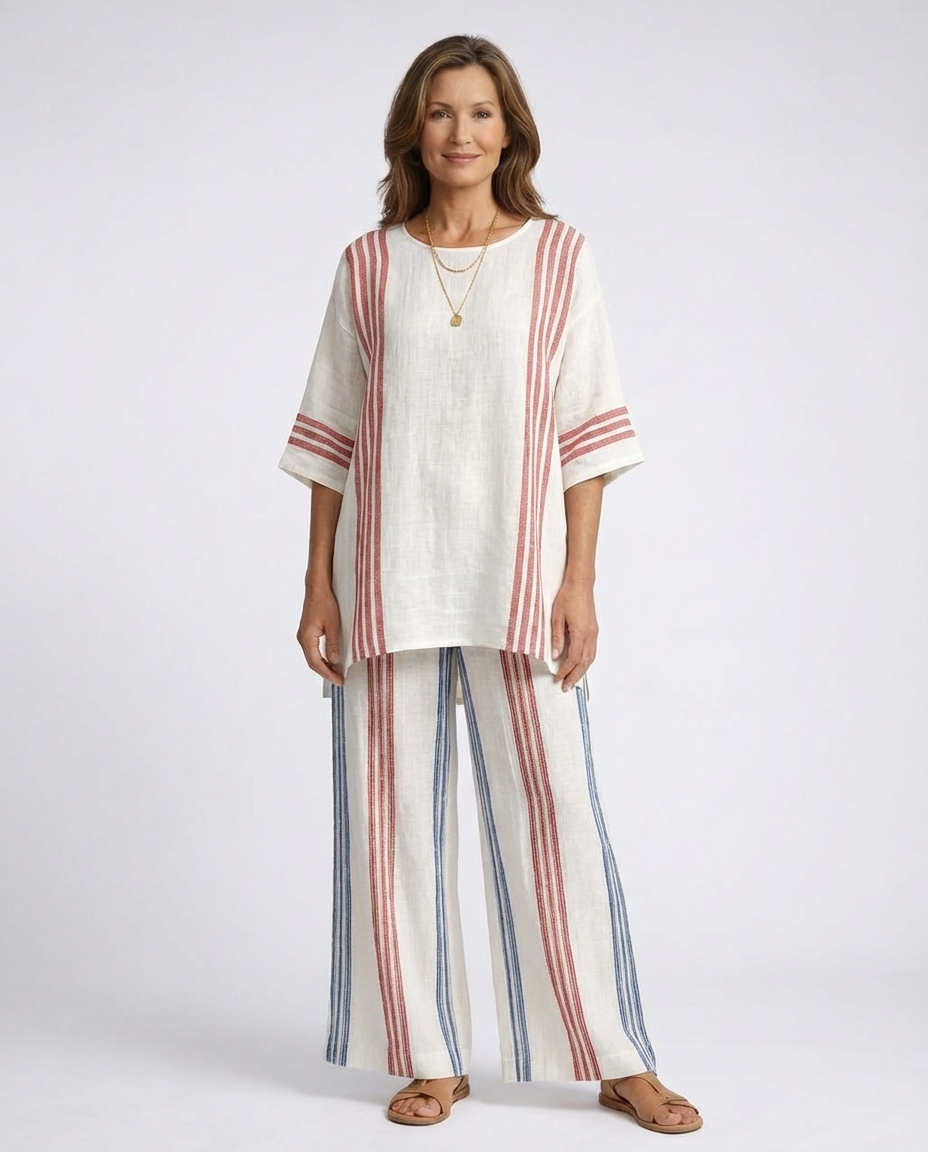 Striped Short Sleeve Tunic and Wide Leg Pants Two Piece Set