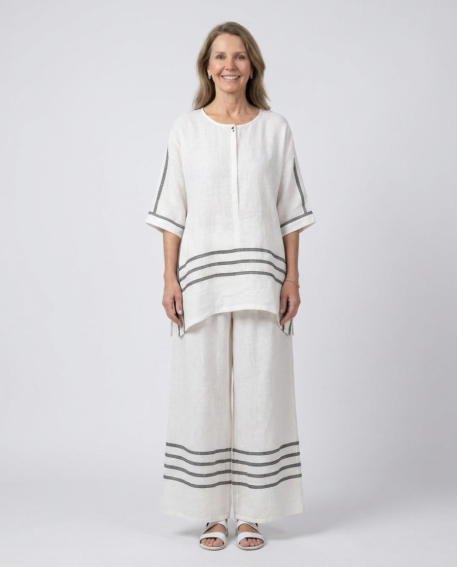 Striped Trim Short Sleeve Top and Wide Leg Pants Two Piece Set