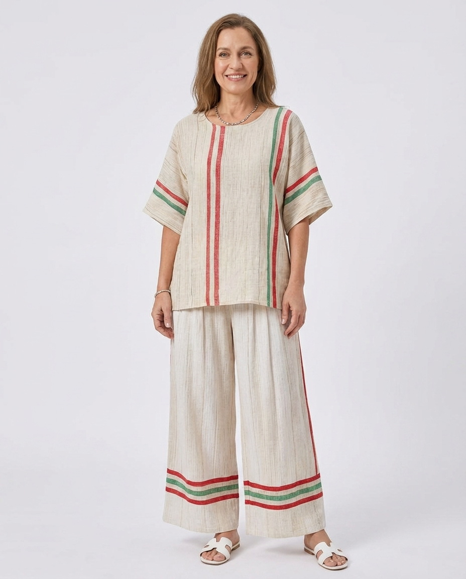 Striped Short Sleeve Top and Wide Leg Pants Two Piece Set
