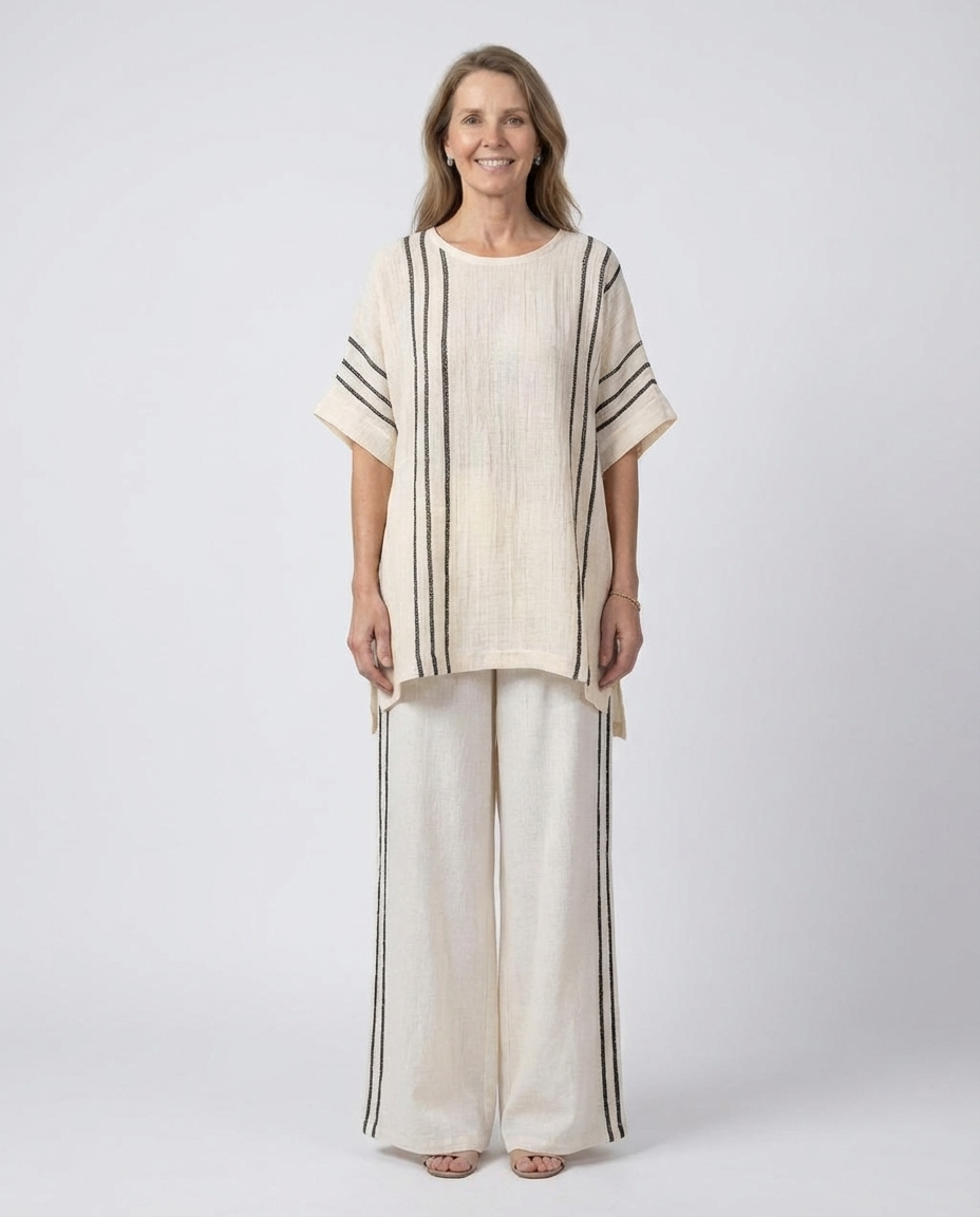 Striped Short Sleeve Top and Wide Leg Pants Two Piece Set