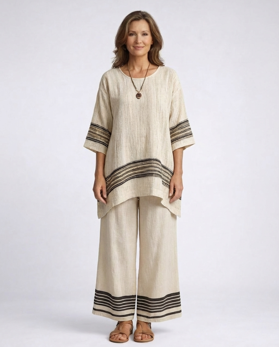 Striped Trim Half Sleeve Top and Wide Leg Pants Two Piece Set