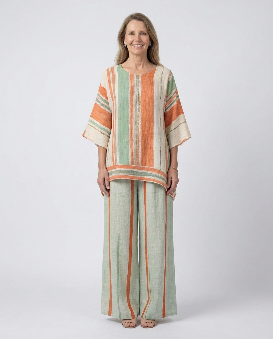Striped Half Sleeve Tunic Top and Wide Leg Pants Two Piece Set