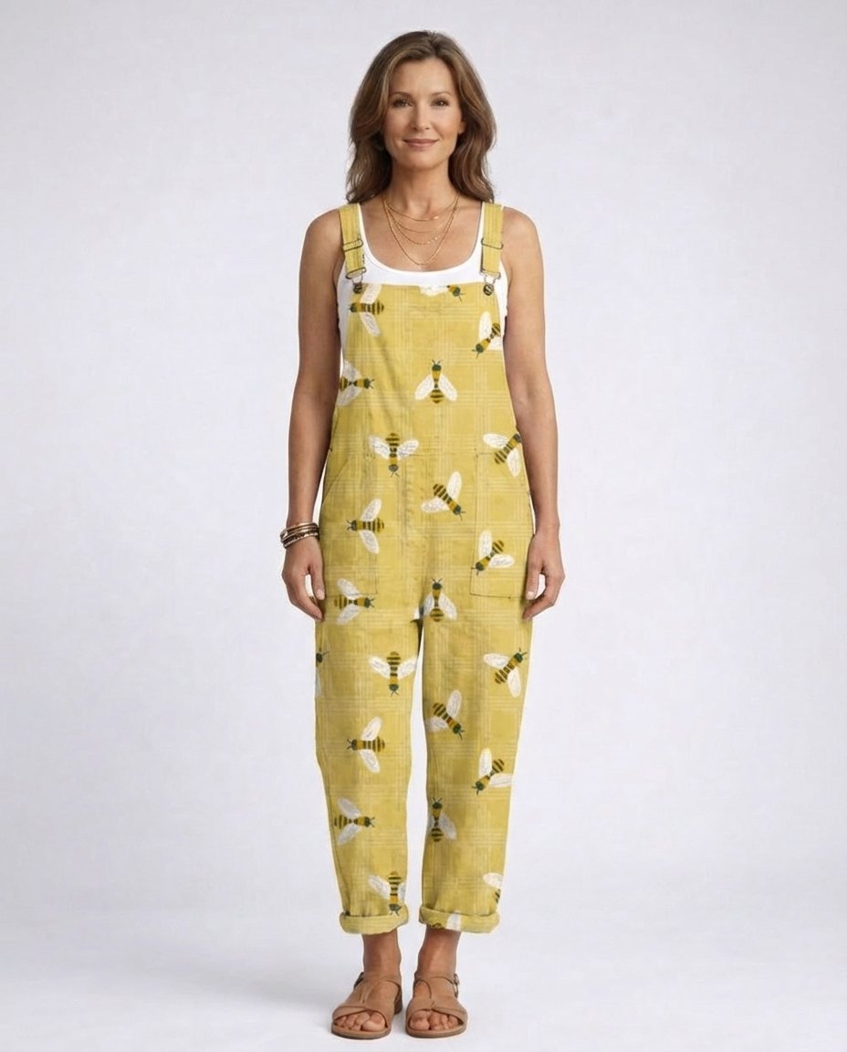 Bee Print Sleeveless Dungaree Overalls