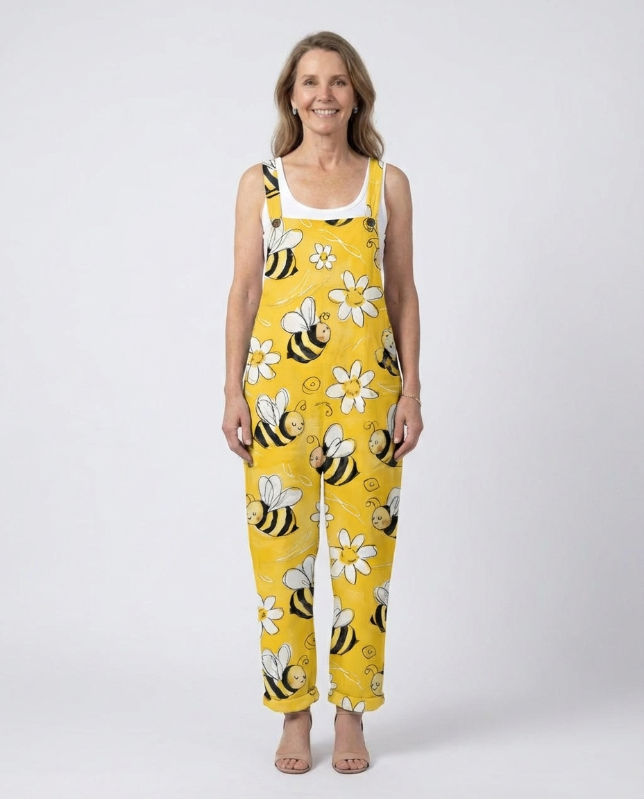 Bee Print Square Neck Overall Jumpsuit