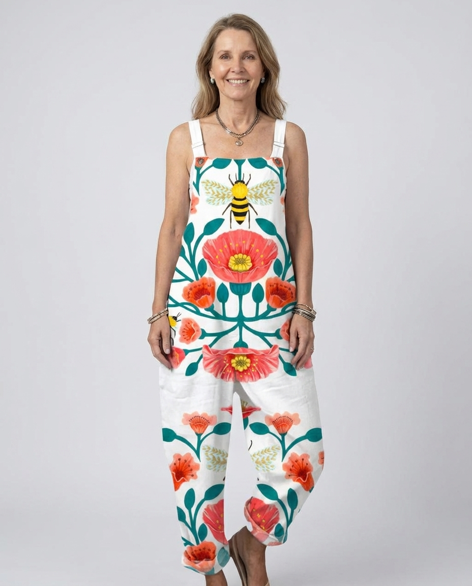 Floral Bee Print Sleeveless Wide Leg Overall Jumpsuit