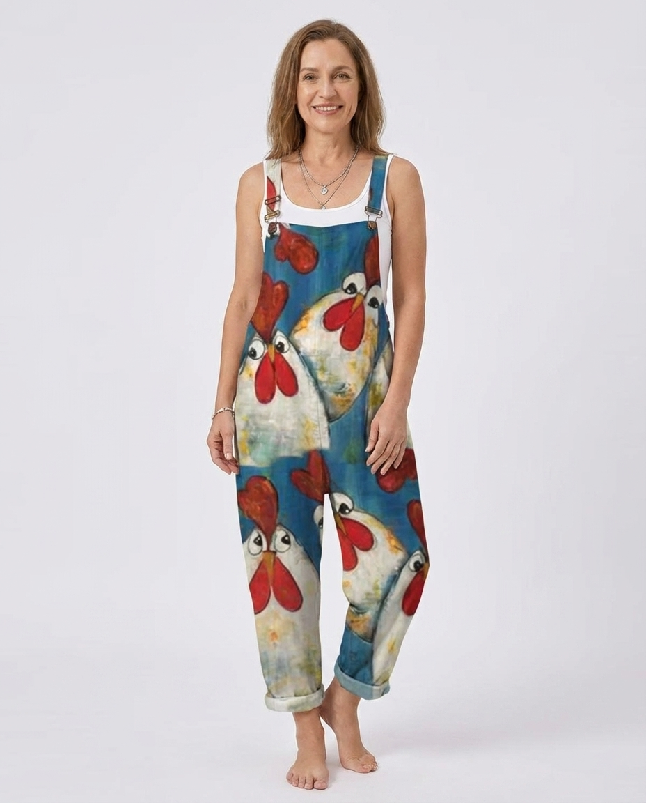 Rooster Print Sleeveless Cuffed Overall Jumpsuit