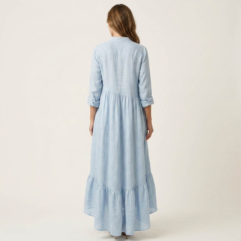 Stand Collar Long Sleeve Button Front Ruffle Hem Maxi Dress