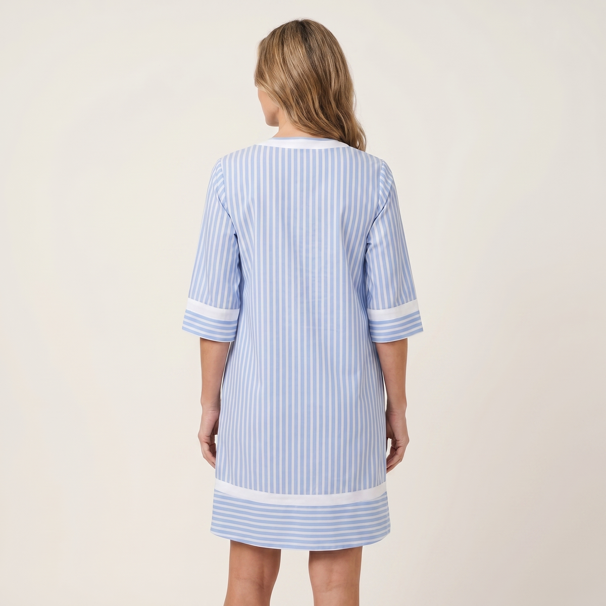 Striped Contrast Trim V-Neck Three Quarter Sleeve Tunic Shift Dress