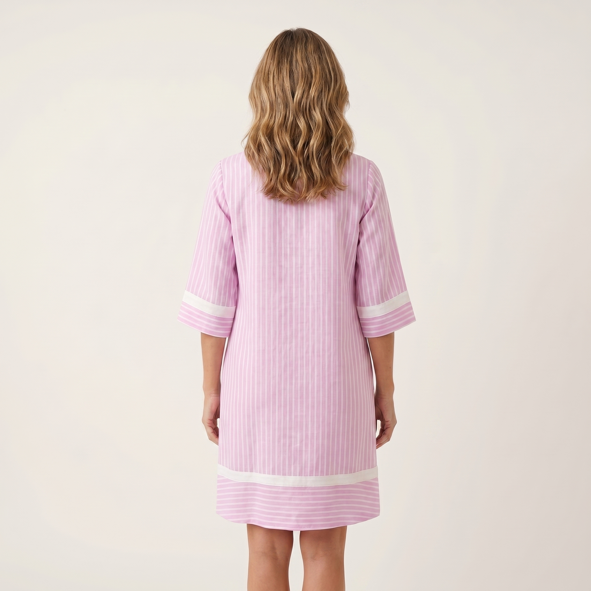Striped Contrast Trim V-Neck Three Quarter Sleeve Tunic Shift Dress