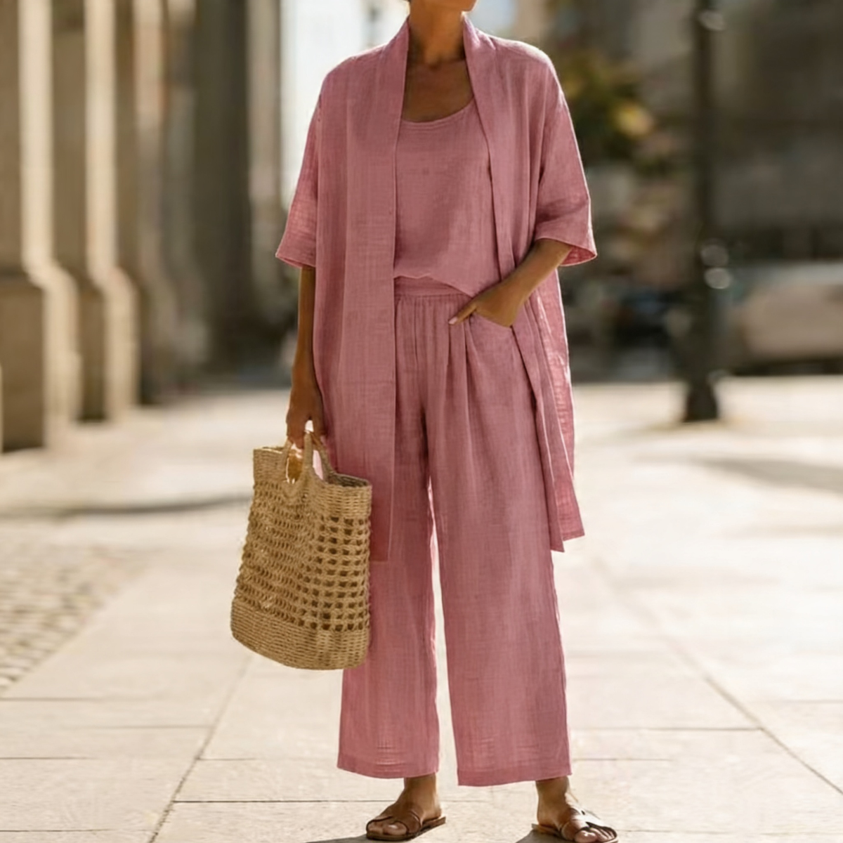 Open Front Cardigan Tank and Wide Leg Pants Three Piece Set