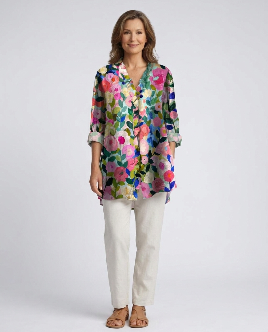 Floral Print V-Neck Roll Sleeve Button Front Tunic Blouse