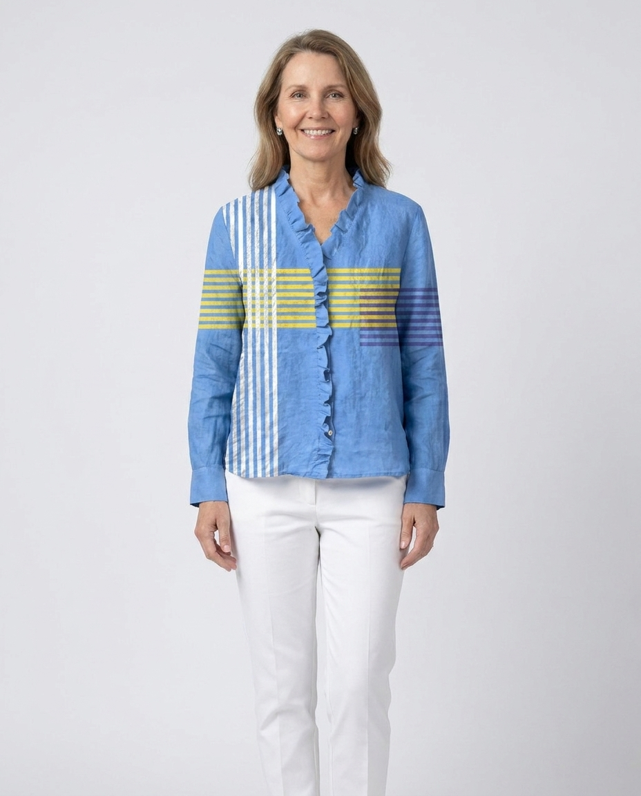 Striped Ruffle Front Stand Collar Long Sleeve Blouse