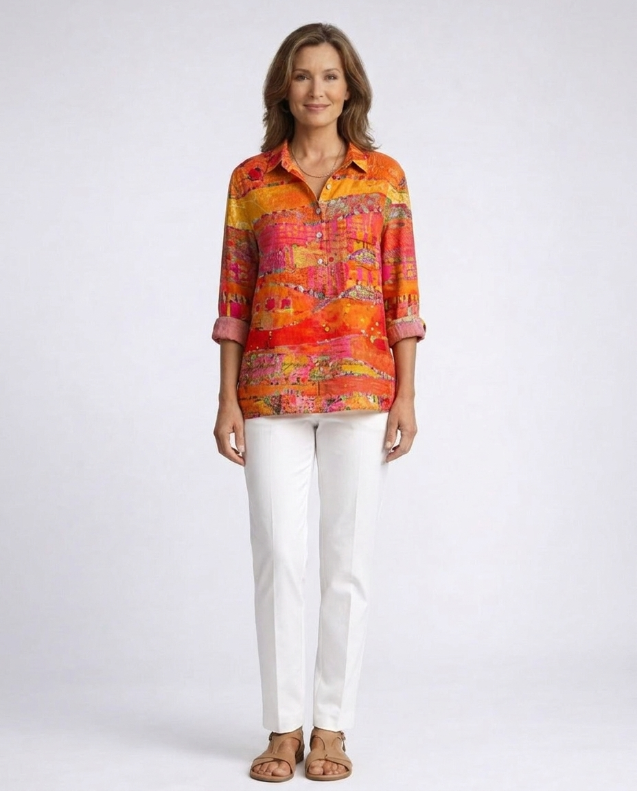 Collared Abstract Print Roll Sleeve Button Up Shirt