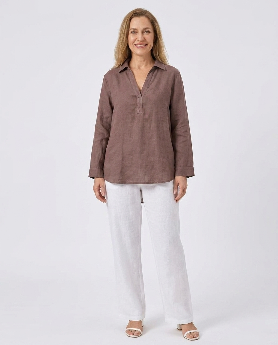 Collared Long Sleeve Linen Look Popover Shirt