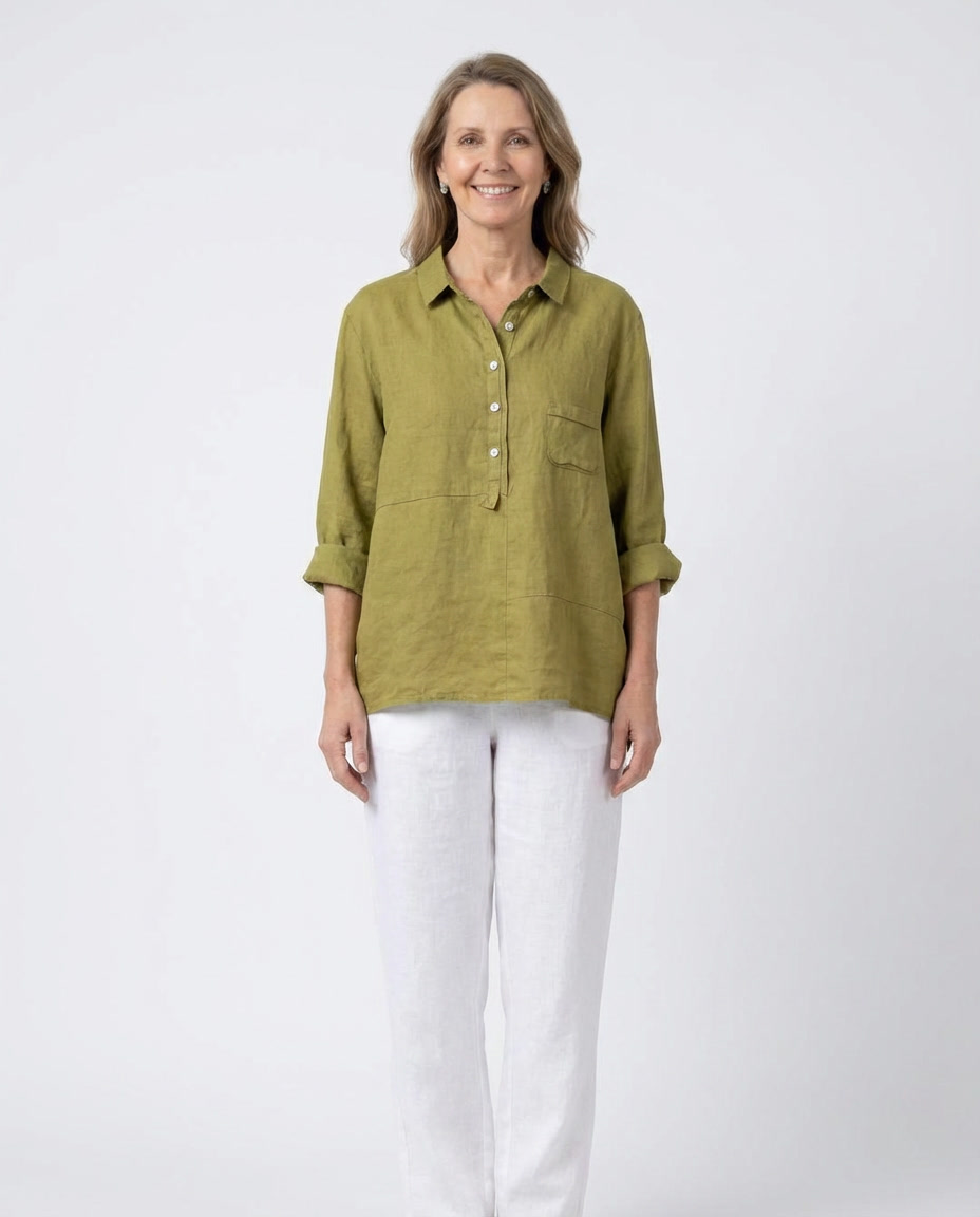 Collared Half Button Three Quarter Sleeve Linen Blouse