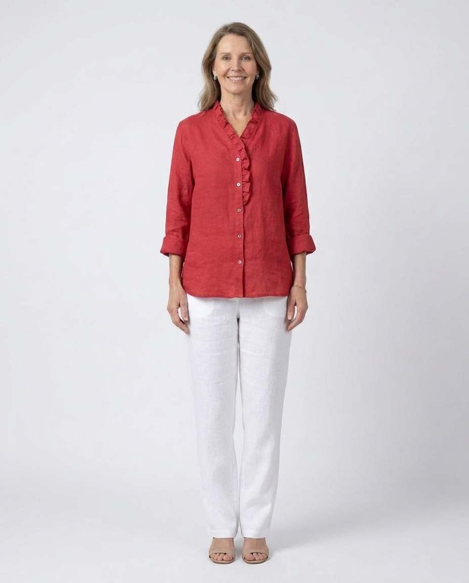 Ruffle Placket Roll Sleeve Button Front Shirt