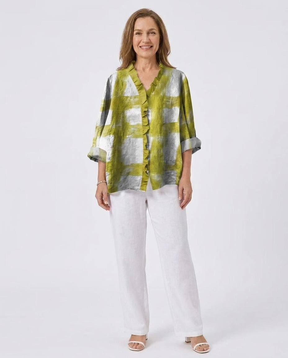 Check Print V-Neck Ruffle Front 3/4 Sleeve Blouse