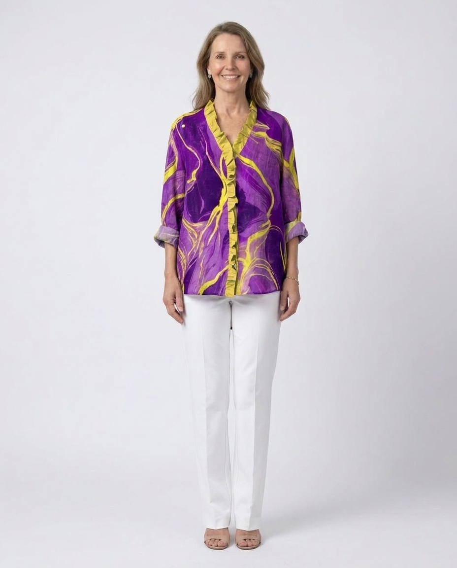 Abstract Print V-Neck Ruffle Front 3/4 Sleeve Blouse