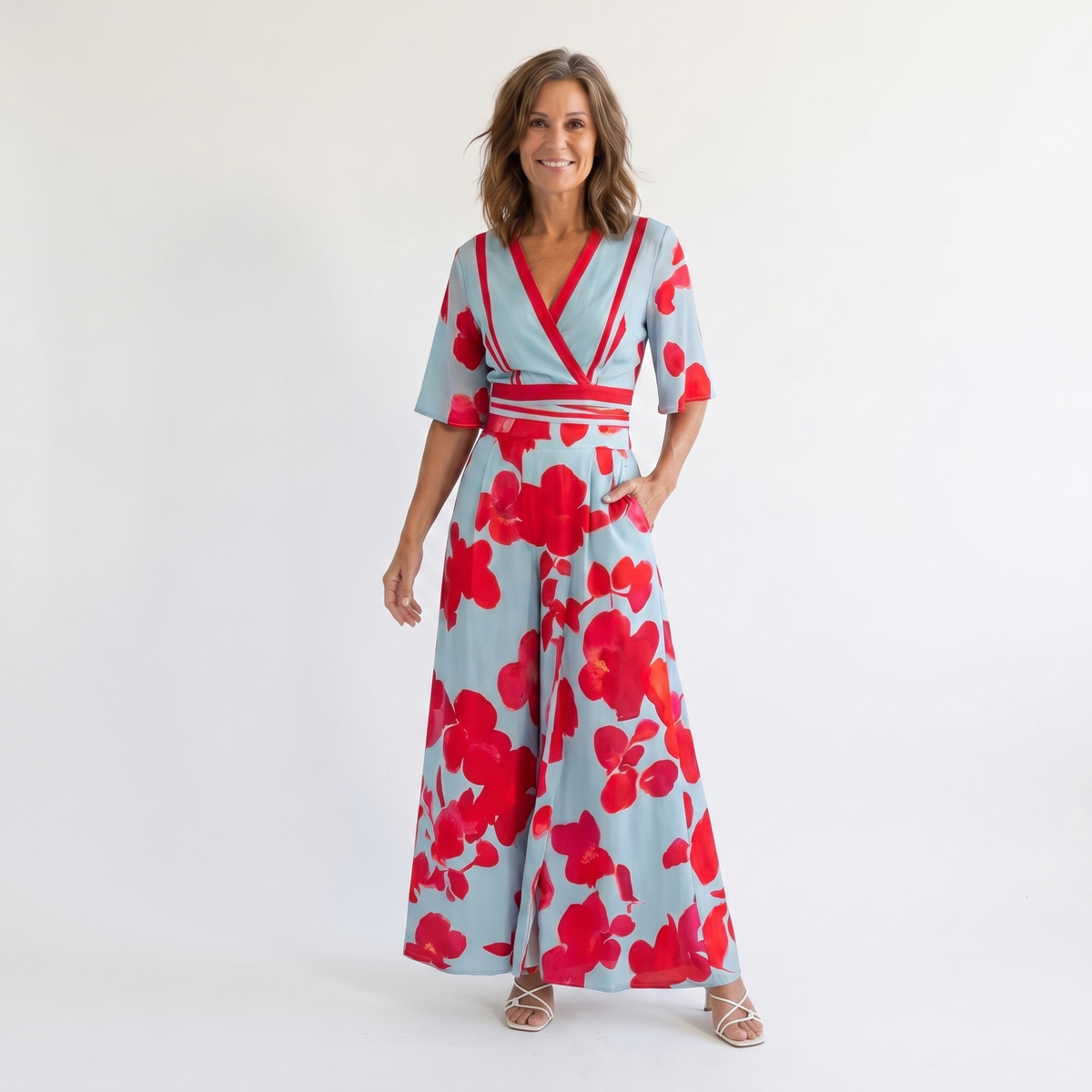 Floral Print Surplice V-Neck Wide Leg Two Piece Set