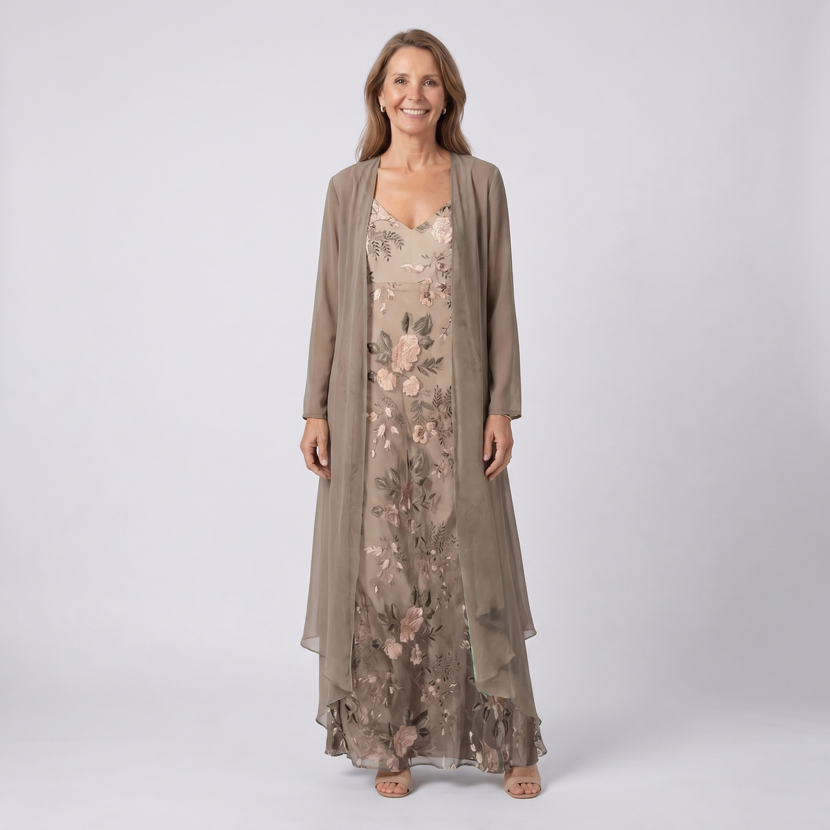 Floral Embroidered Slip Maxi Dress and Long Jacket Two Piece Set