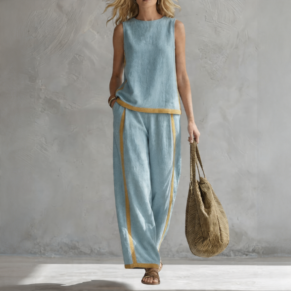 Sleeveless Contrast Trim Top and Wide Leg Pants Two Piece Set