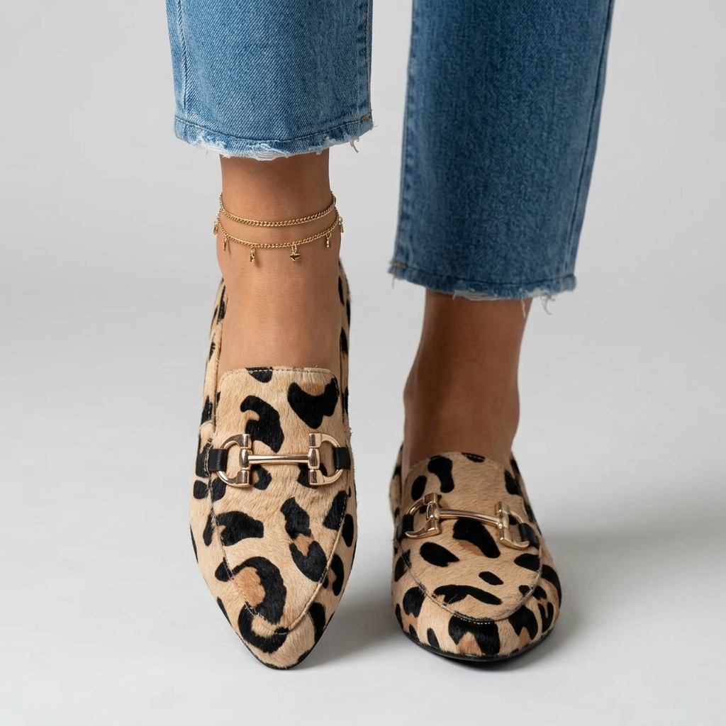 Leopard Print Pointed Toe Horsebit Flat Loafers