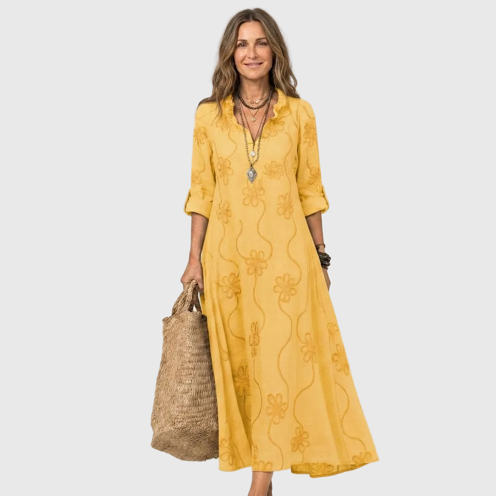 Floral Embroidered Long Sleeve Ruffle Neck Maxi Dress