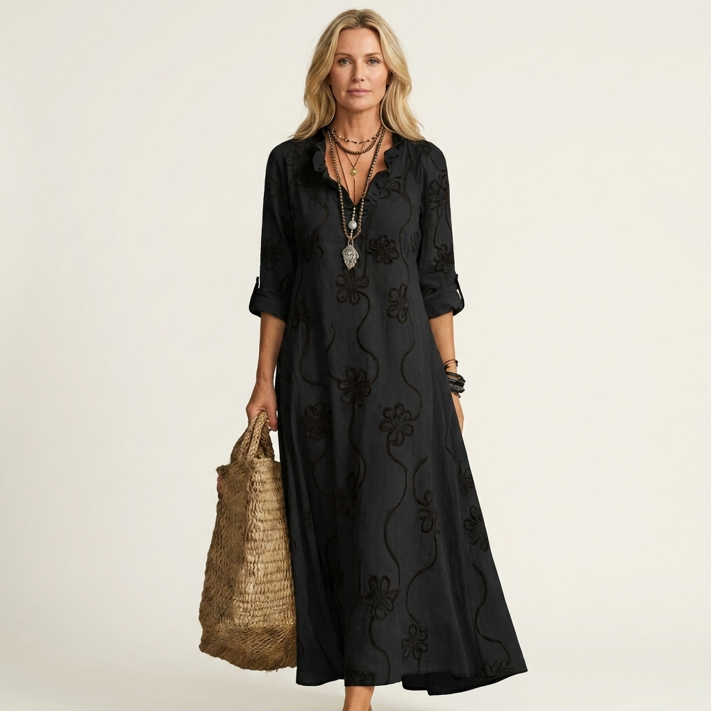 Embroidered Floral Ruffle Collar Half Placket Maxi Dress