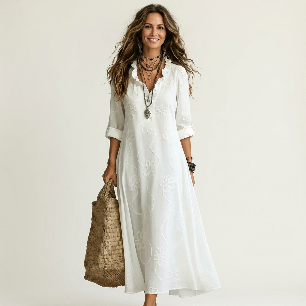 Embroidered Floral Ruffle Collar Half Placket Maxi Dress